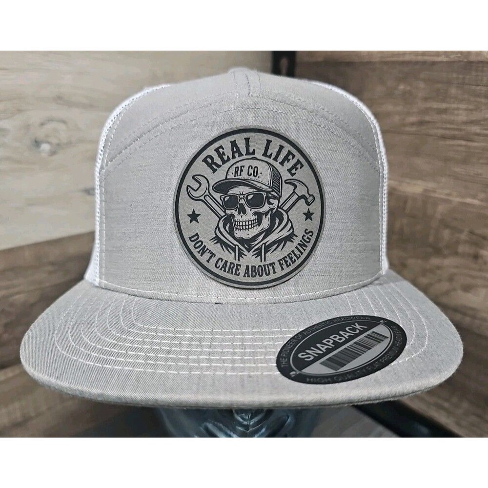 REAL Life DON'T CARE About FEELINGs Patch Gray/White Trucker Snapback Hat Cap